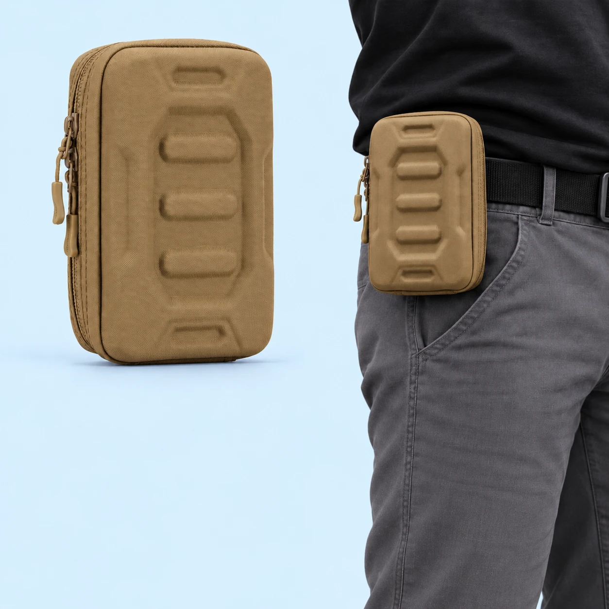 Wolf-Brown A051 Molded Phone Belt Case; product and illustrative use on pale blue. Phone and scene props excluded., square composition
