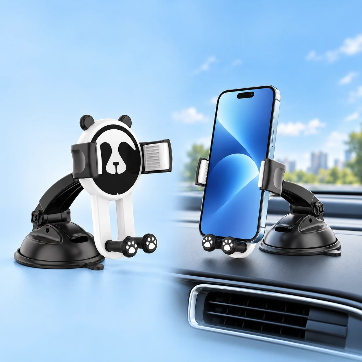 Black-and-white panda suction dashboard holder with mechanical phone clamp, square composition