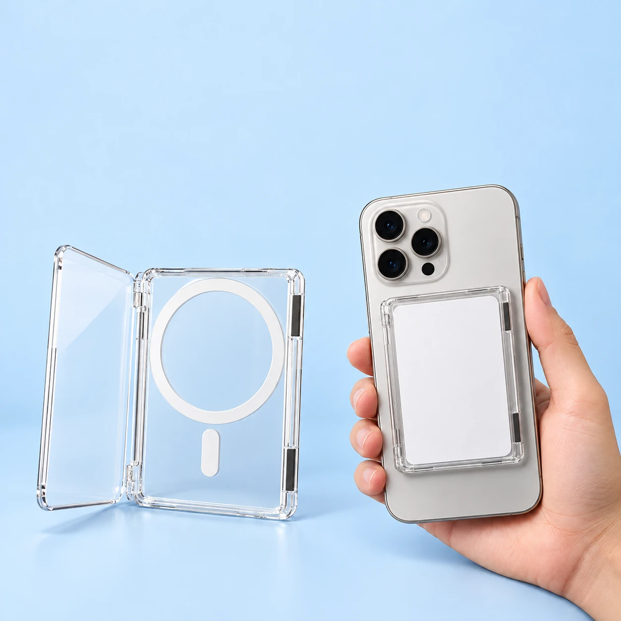 Clear side-hinged magnetic phone card holder shown complete with its cover open on the left and attached flat behind a hand-held phone with a blank demonstration card on the right, on a pale-blue background., square composition
