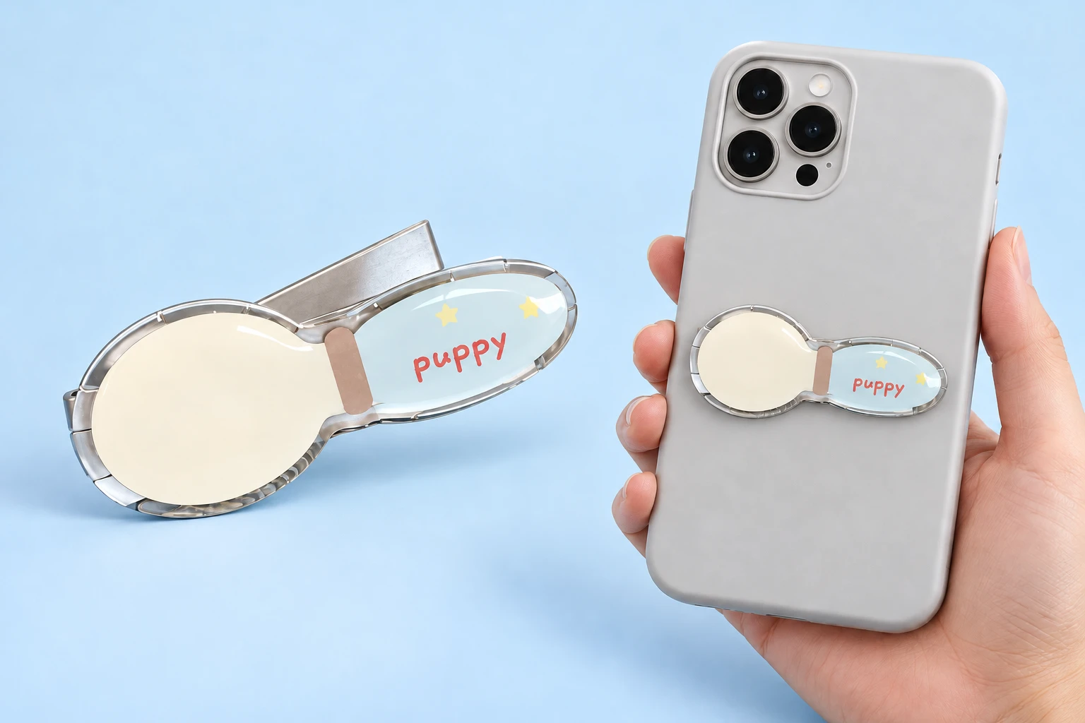Blue-star spoon-shaped folding phone kickstand shown complete and mounted flat on a phone