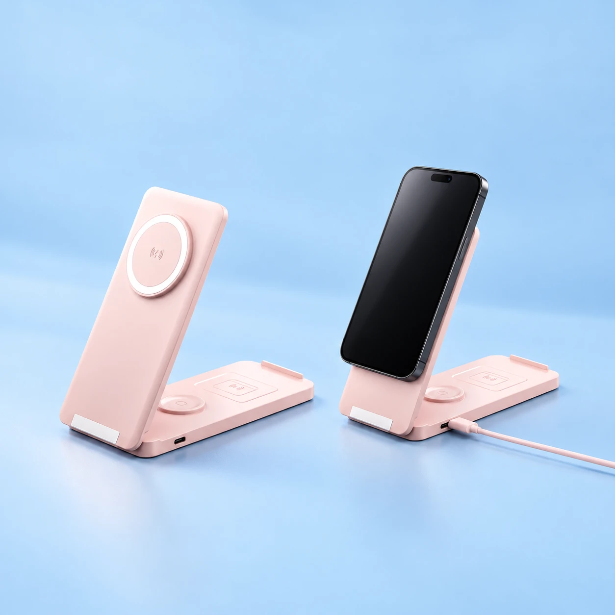 Pastel Pink Folding Three-in-One Phone and Watch Charging Stand