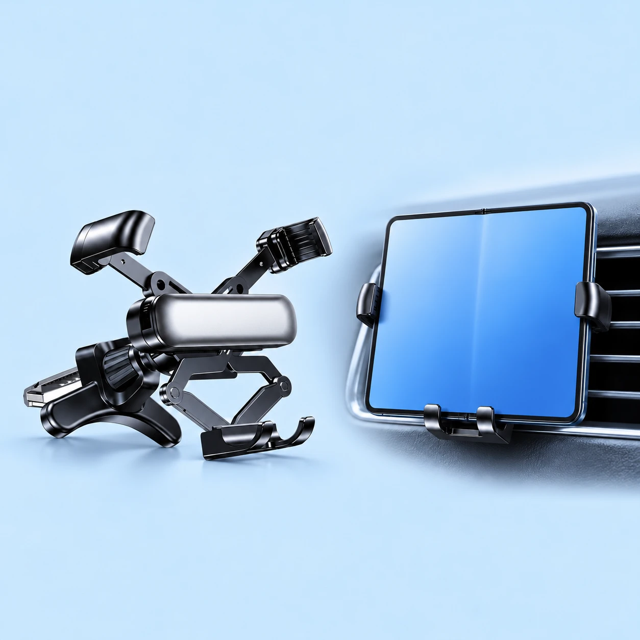 Complete matte scissor-link car vent phone cradle on the left and stationary compatible expanded phone supported at a vent on the right, on pale blue. Phone and vehicle are demonstration props, not included., square composition