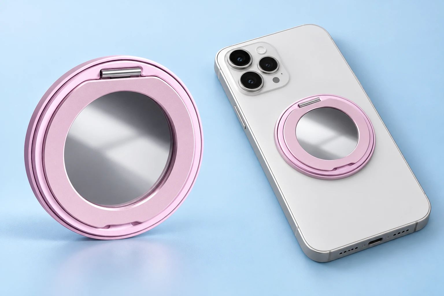 Pastel Pink Inset-Ring Mirror Phone Kickstand