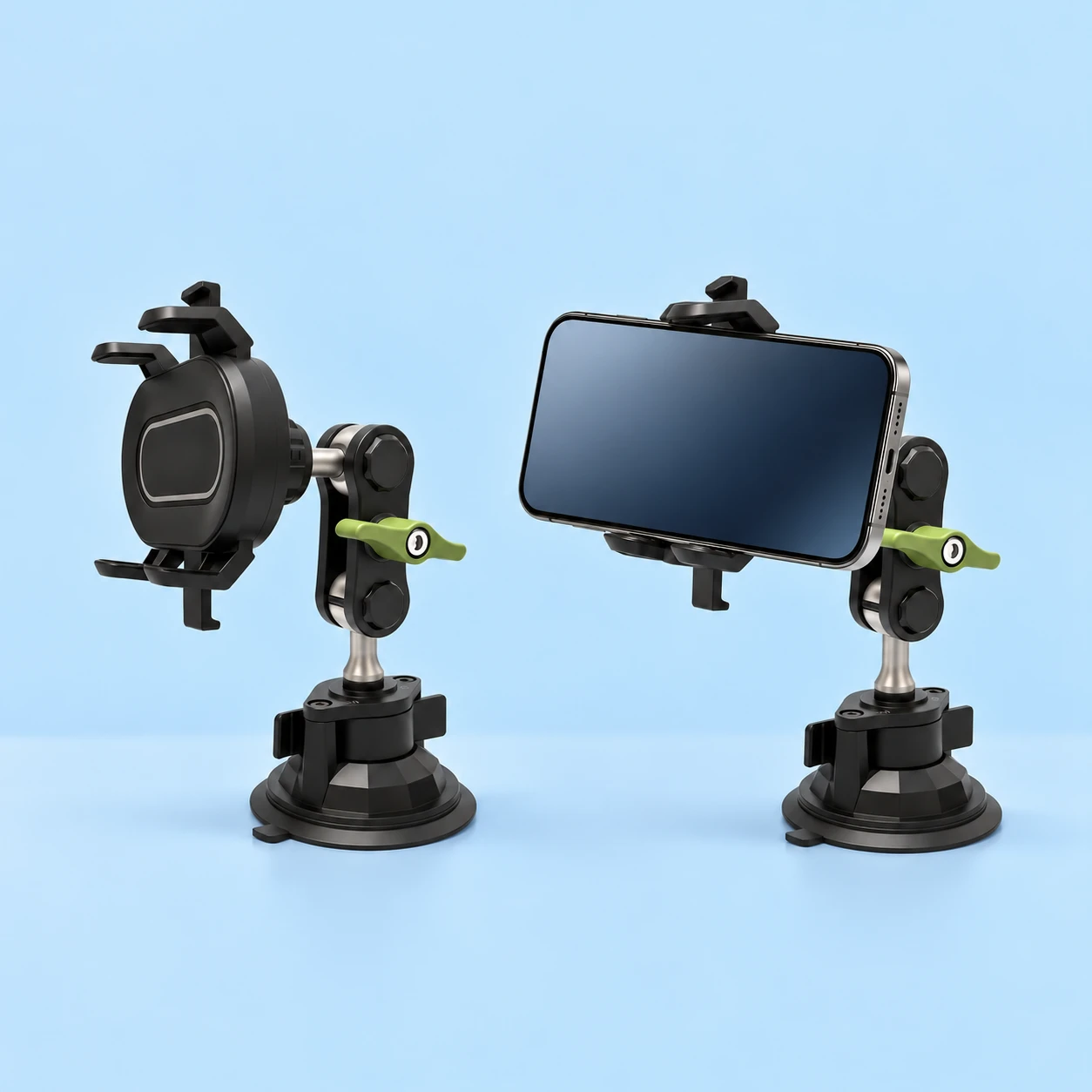 Black XZA-01 Dual-Ball Suction Phone Holder; product and illustrative use on pale blue. Phone and scene props excluded., square composition