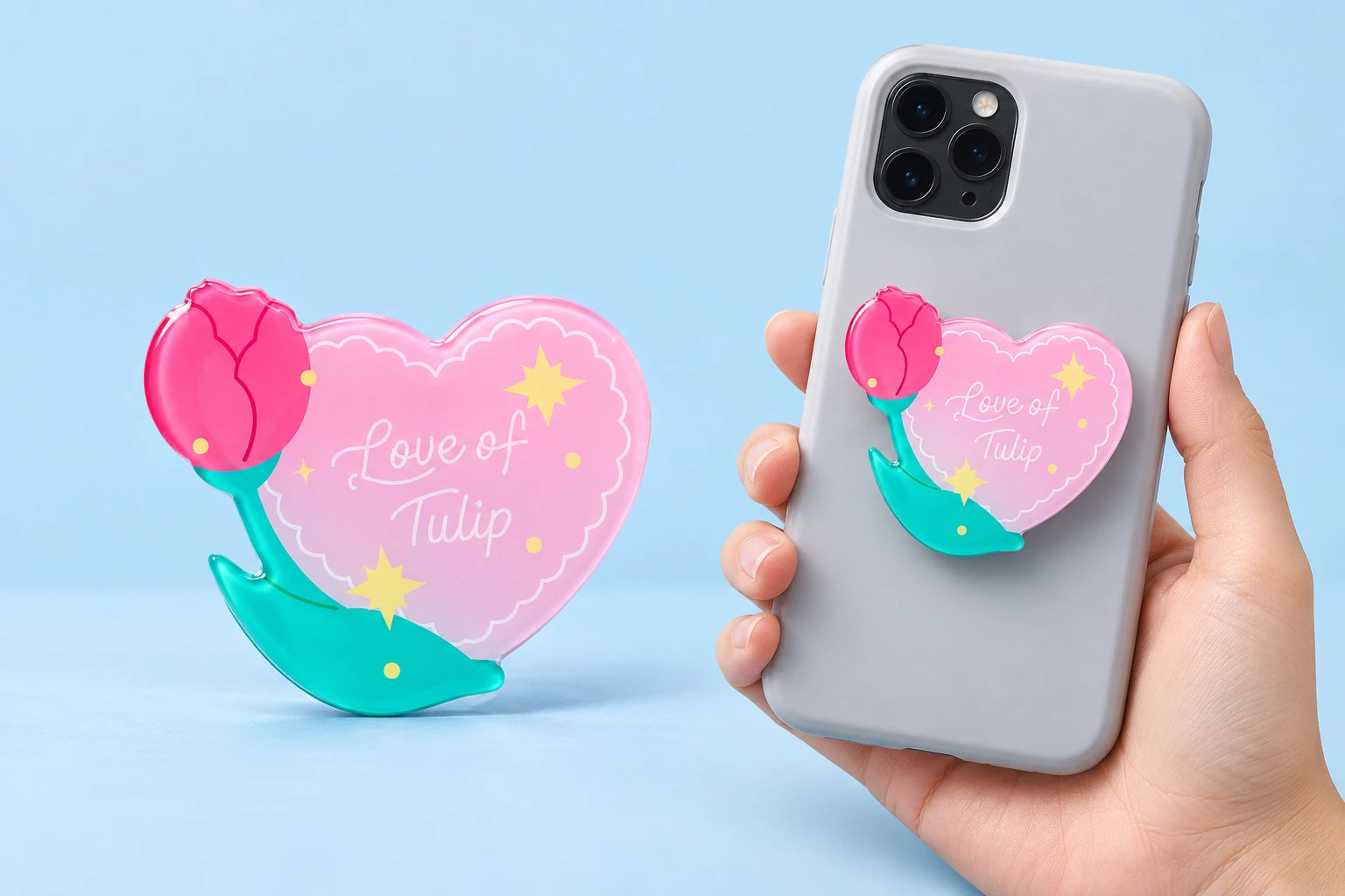 Pink tulip-heart expandable phone grip with original Love of Tulip print and closed phone placement