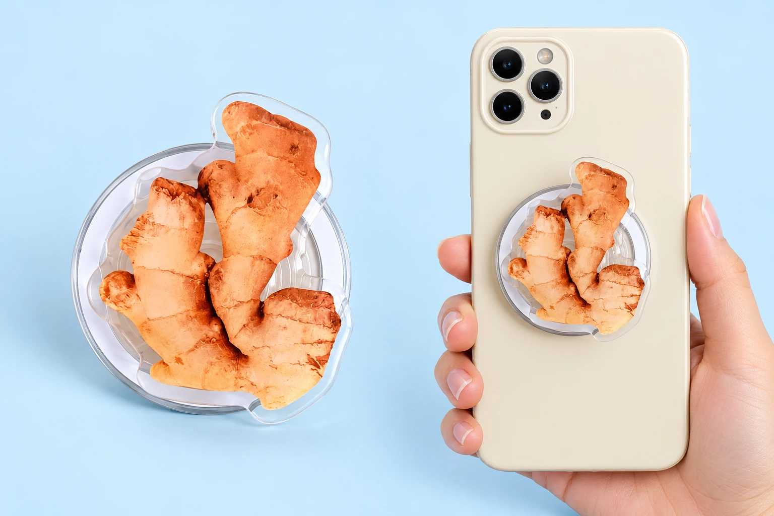 Ginger printed die-cut magnetic expandable phone grip, with illustrative flat phone mounting