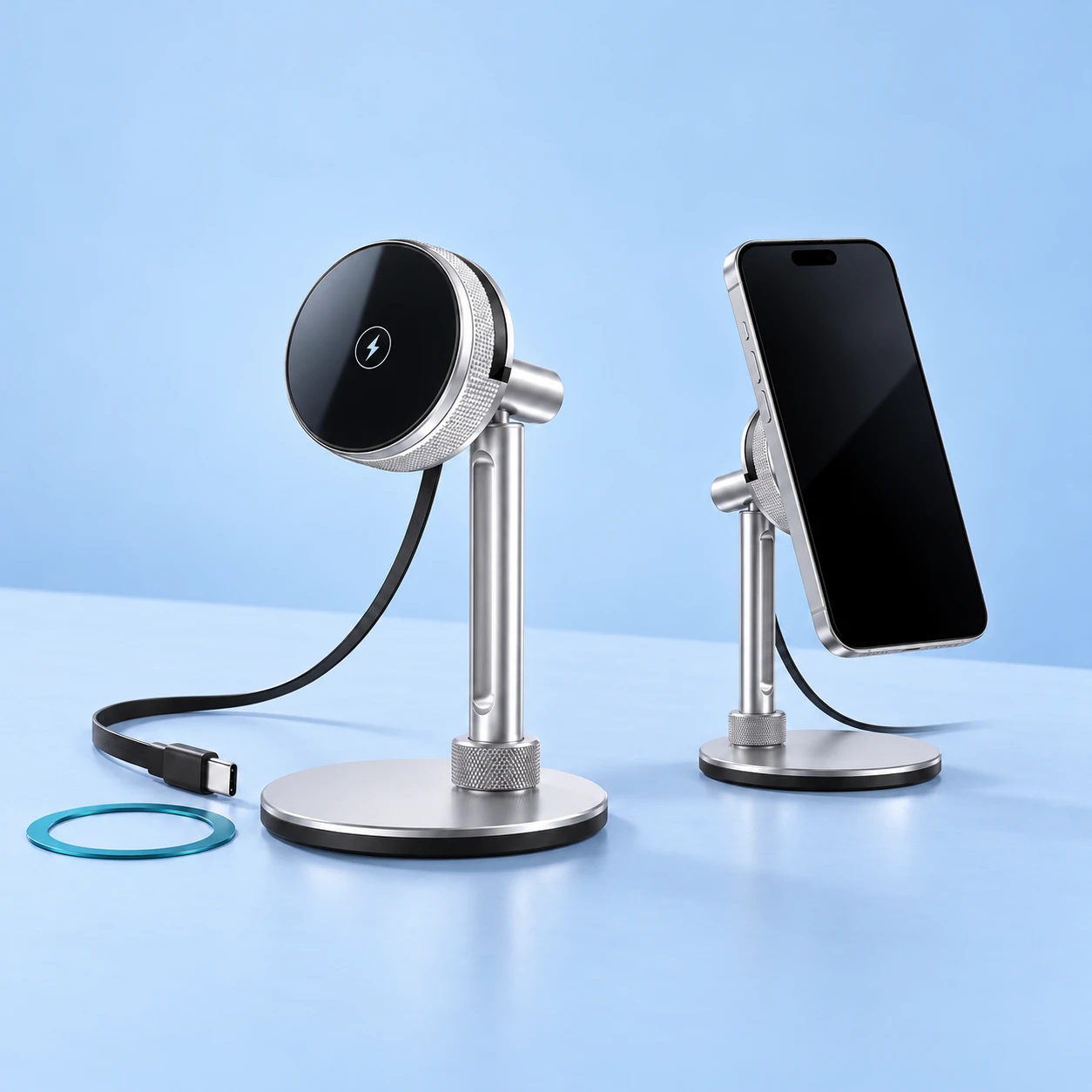Silver Magnetic Charging Phone Stand with Retractable USB-C Cable