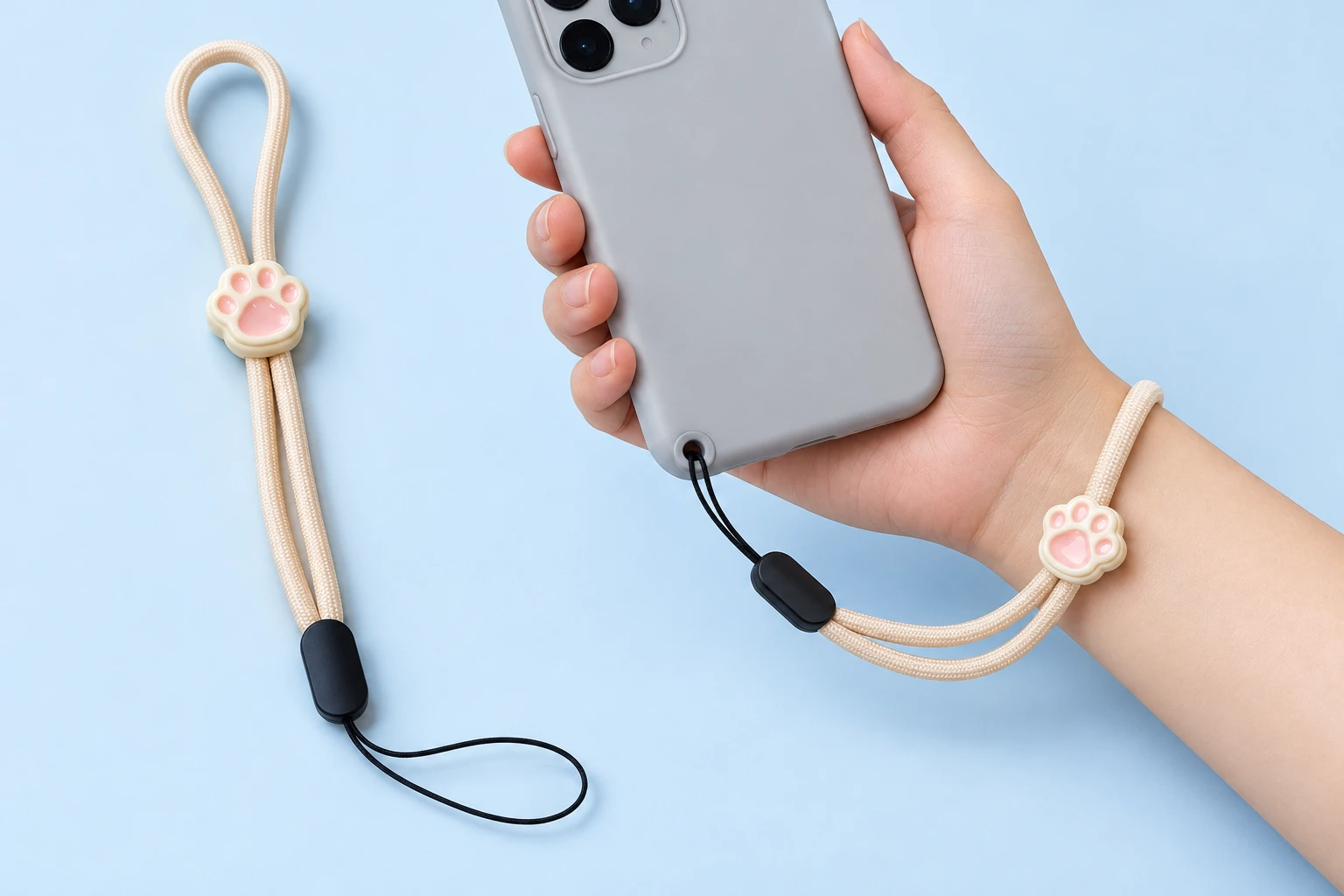 Cream Cord Pink-Paw Adjustable Phone Wrist Lanyard