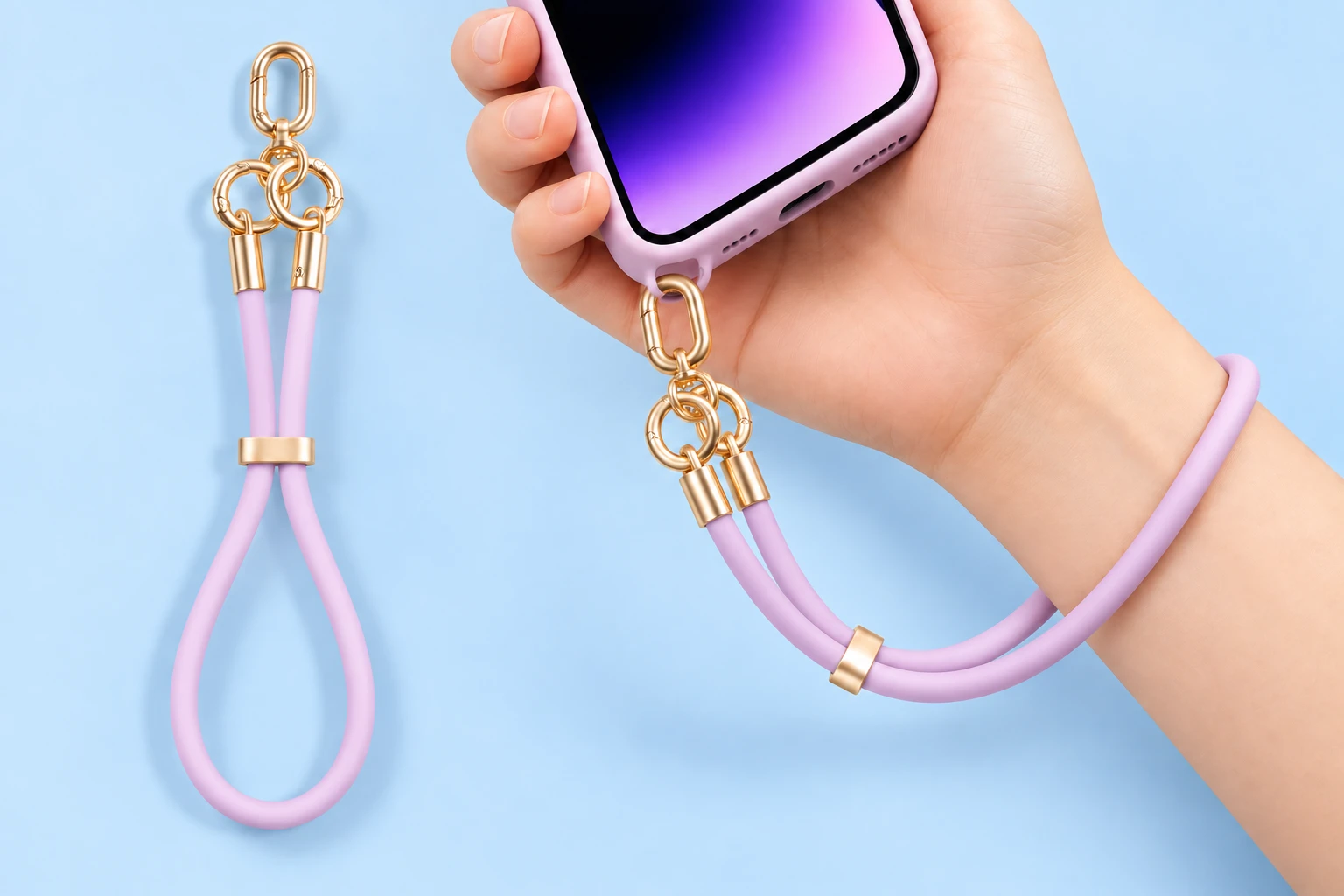 Lilac silicone wrist phone lanyard with gold-tone slider and clasp, shown alone and connected to a case eyelet