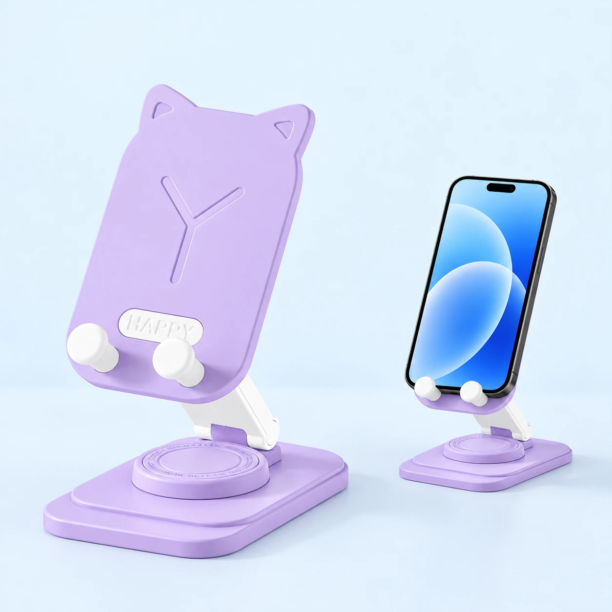 Lilac cat-ear rotating phone stand on pale blue, product on left and portrait phone use on right