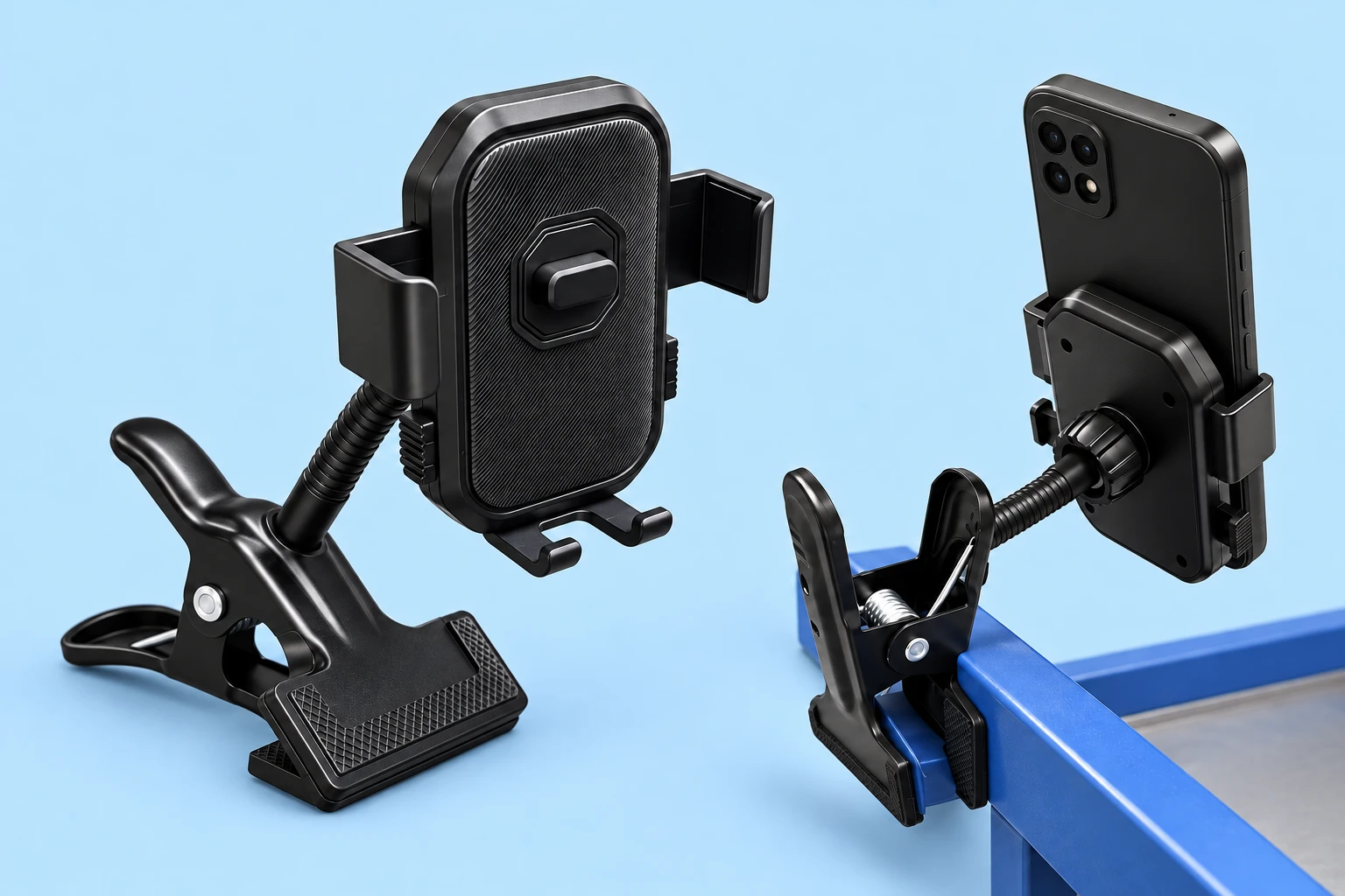 Black Short-Gooseneck Spring-Clamp Phone Holder