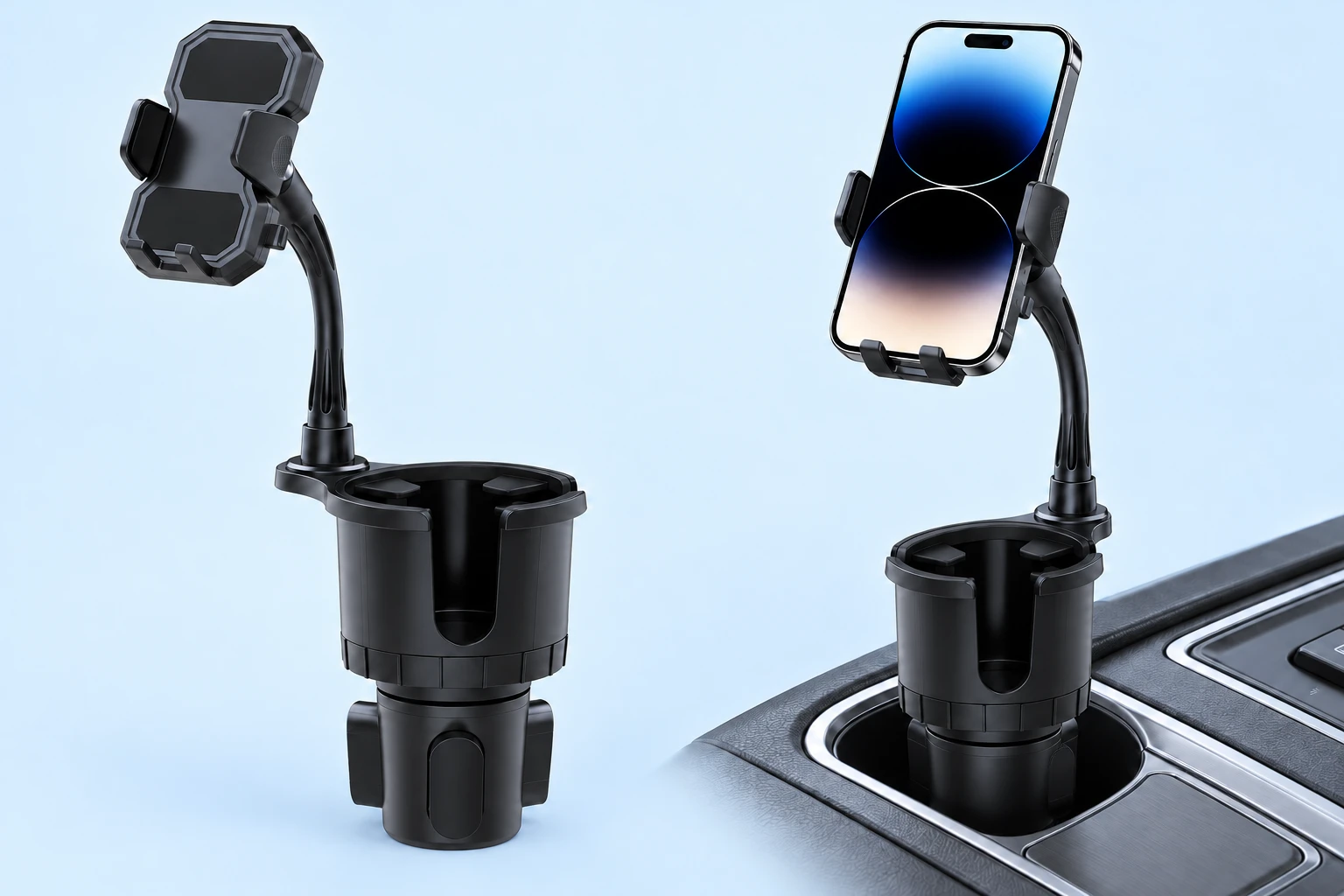 Complete black curved-arm cup-recess phone holder with empty drink sleeve at left, and the same holder seated in a stationary vehicle cup recess holding a demonstration phone in its original side jaws and lower rest at right on pale blue.