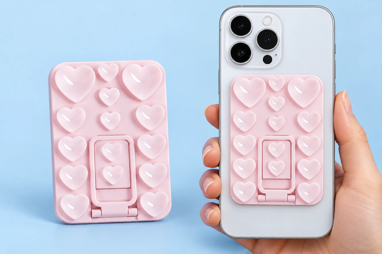 Pale pink adhesive phone pad with fifteen heart-shaped suction cups and closed folding tab, shown alone and mounted flat