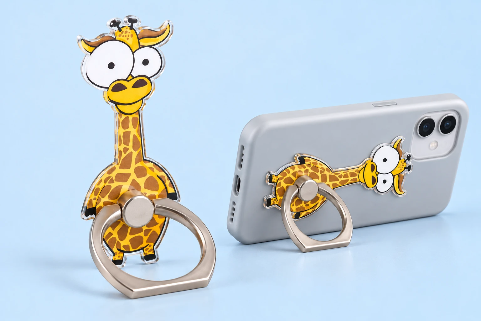 Giraffe Phone Ring Holder shown complete with illustrated phone use