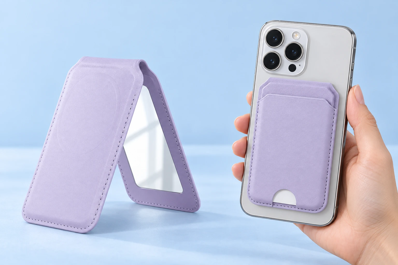Lilac folding mirror-panel wallet phone stand shown open empty and closed on a phone