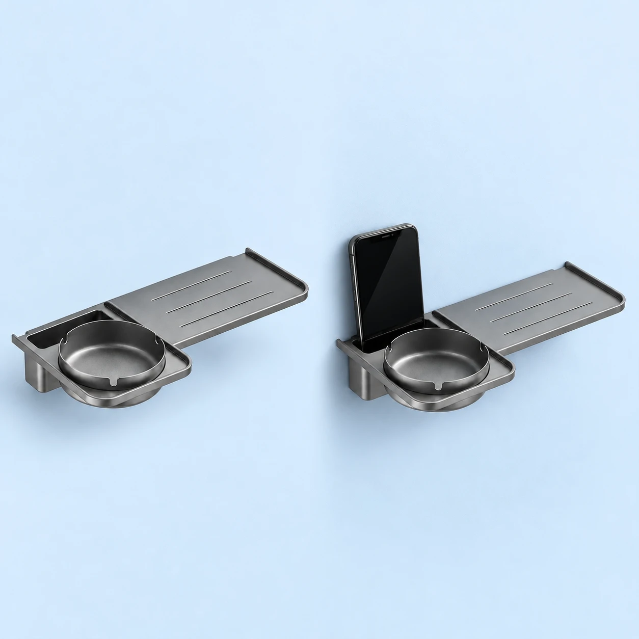 Gun-Gray L-Shelf with Phone Pocket and Removable Bowl; product and illustrative use on pale blue. Phone and scene props excluded., square composition