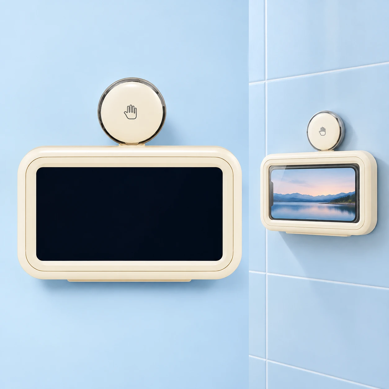 Complete cream covered wall phone holder with its round press-style top mount on the left, and the same holder containing a landscape phone on a dry tiled wall on the right, against pale blue. Phone shown for context only.