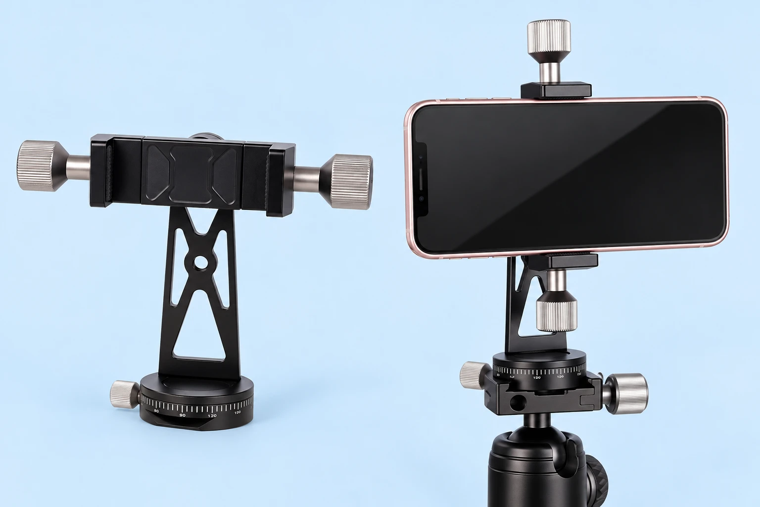 Complete black dual-screw phone clamp with its pierced upright and graduated panning base at left; the same clamp holding an illustrative landscape phone in a separate compatible photographic receiver at right, against pale blue. Phone, receiver and ball head are not included.