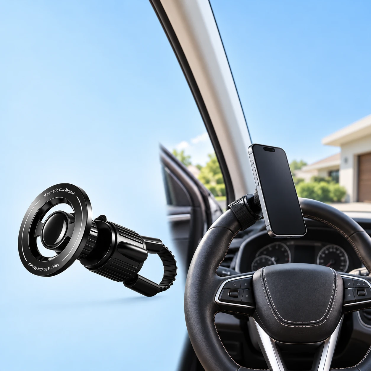 Black YD-961 Ribbed-Strap Magnetic Wheel Phone Holder