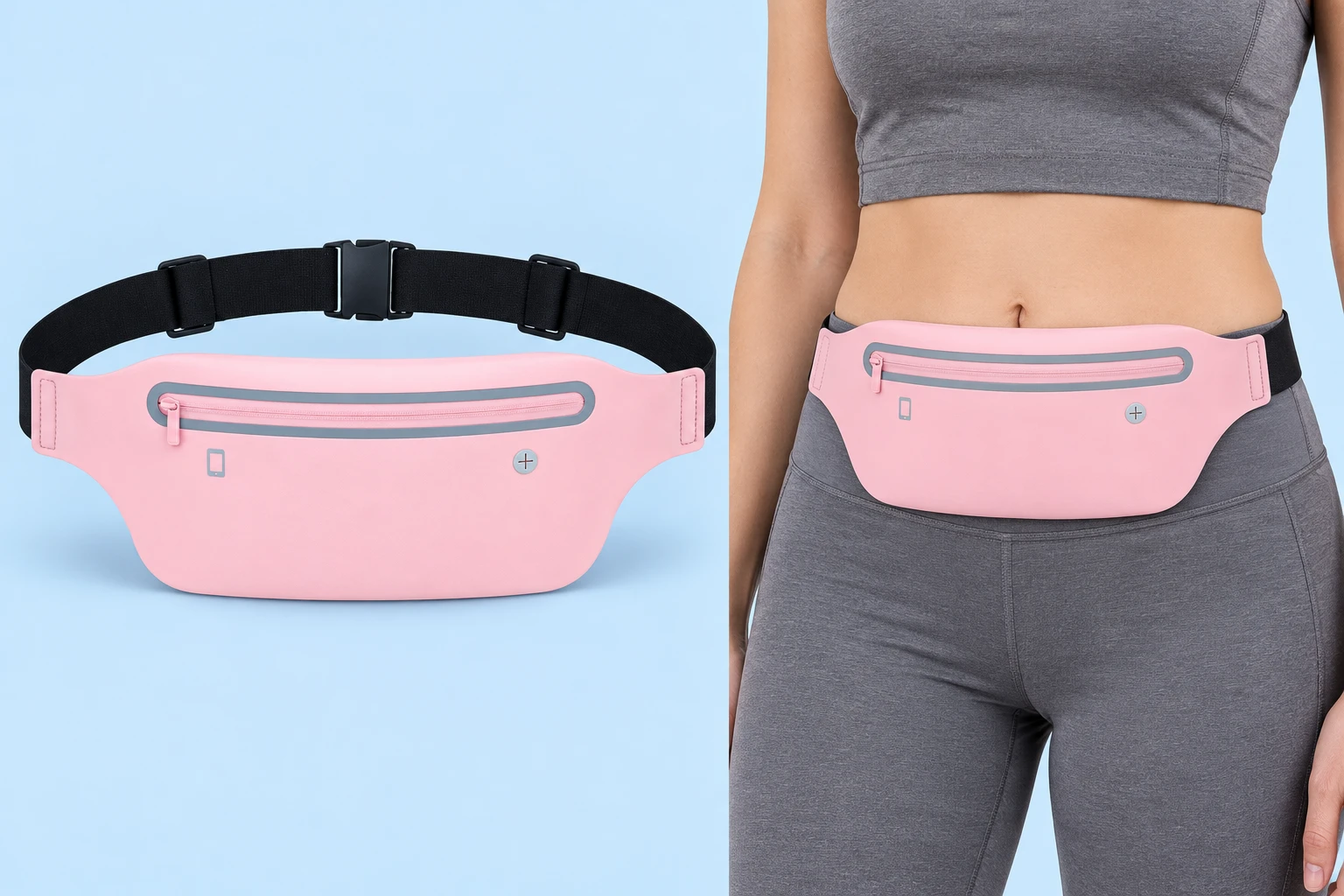 Pastel pink tapered single-pocket phone belt shown flat and worn closed around an adult waist
