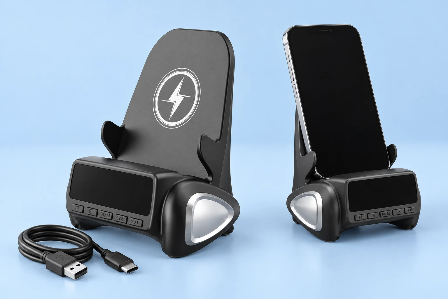 Black Clock-Base Wireless Charging Phone Stand with Cable photo