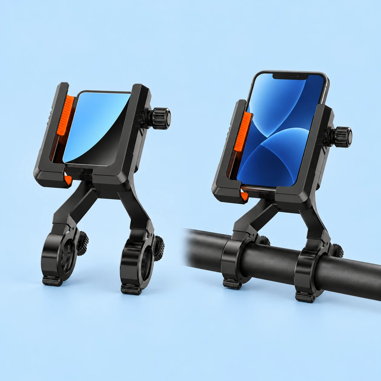 Black and orange dual-ring phone mount shown complete at left and holding a demonstration phone on a stationary round handlebar at right, on a pale blue background., square composition