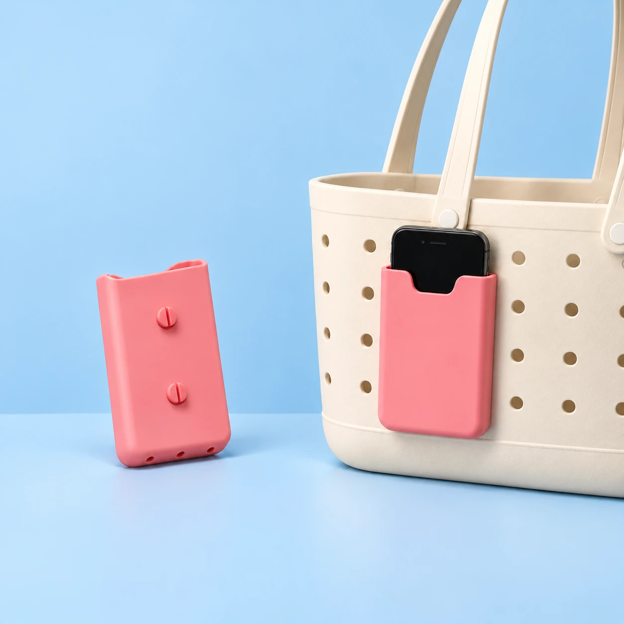 Pink Twin-Stud Snap-In Beach Tote Bag Phone Pocket; product and illustrative use on pale blue. Phone and scene props excluded., square composition
