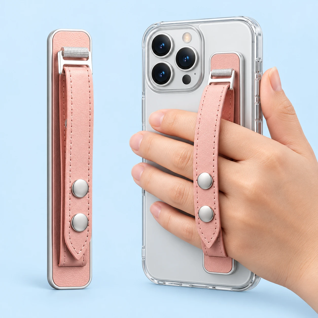 Pink snap-adjustable phone hand strap with full backing, original return bar and snap fasteners, shown complete and in supported phone use.