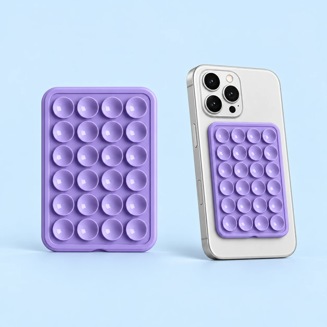 Lilac 24-cup magnetic suction phone pad and flat phone-back mounting illustration, square composition