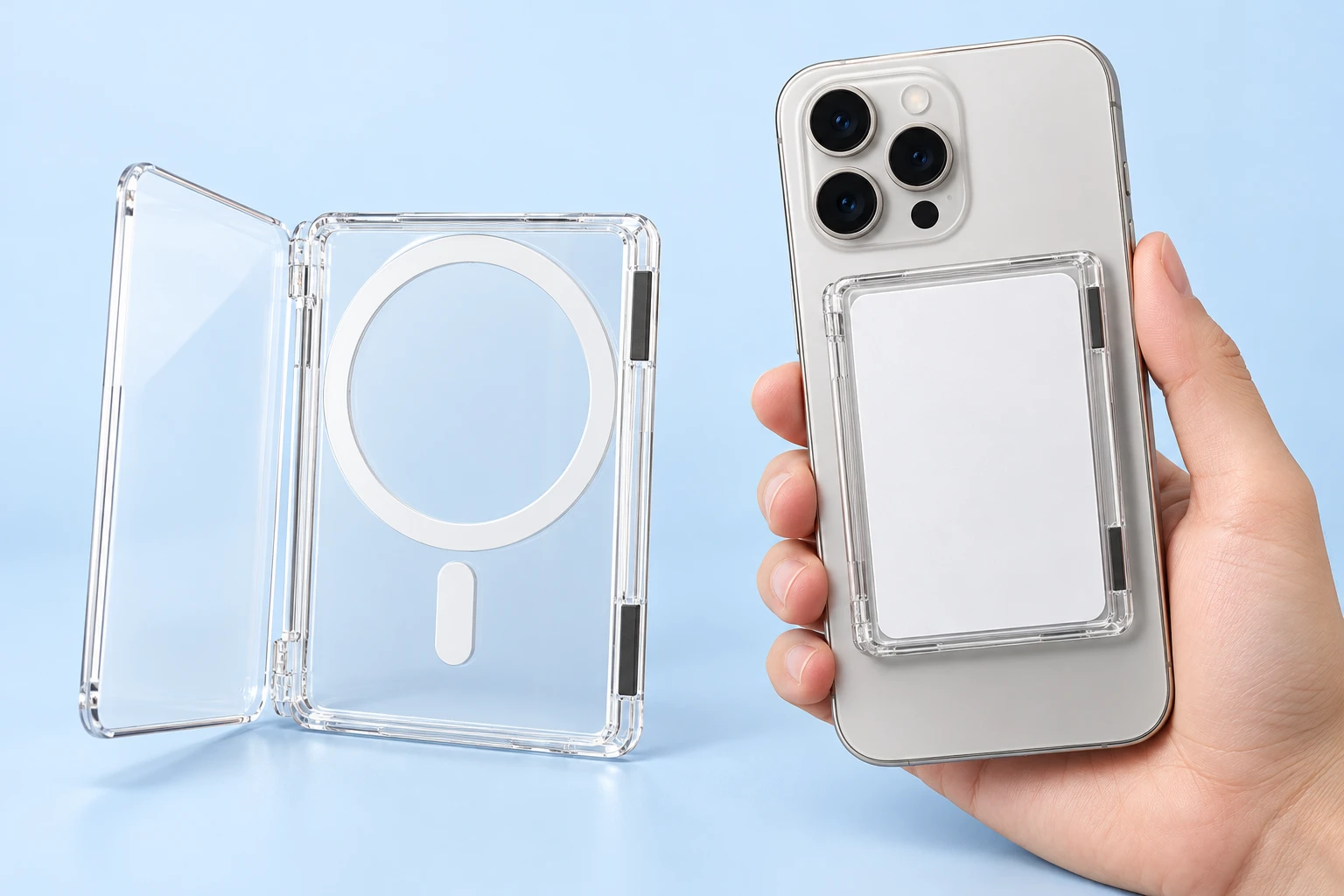 Clear side-hinged magnetic phone card holder shown complete with its cover open on the left and attached flat behind a hand-held phone with a blank demonstration card on the right, on a pale-blue background.