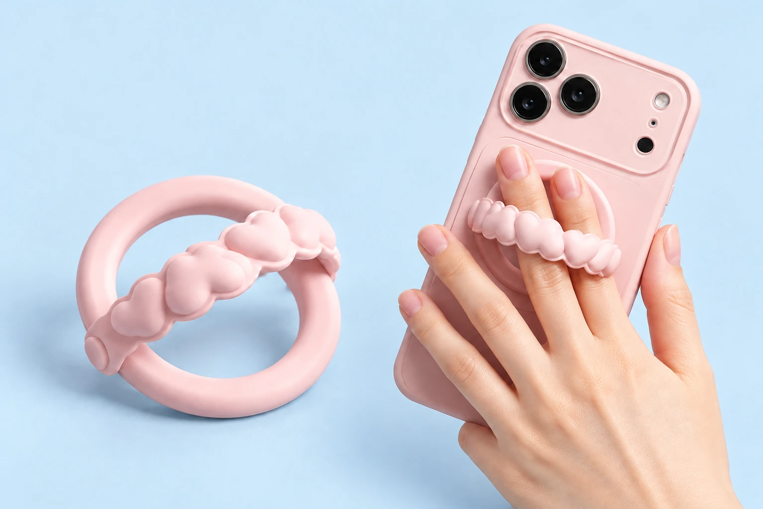 Pastel pink magnetic heart-band phone grip and two-finger hand-use illustration