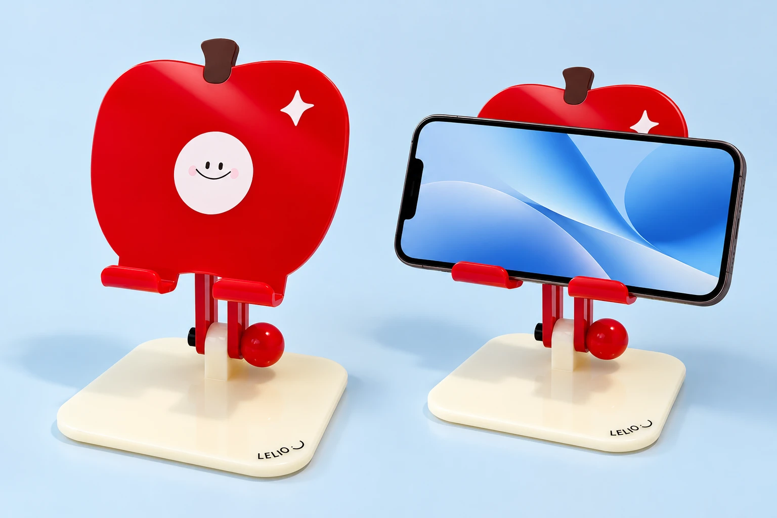 Opaque red smiling apple acrylic phone stand on a cream base, with landscape phone illustration