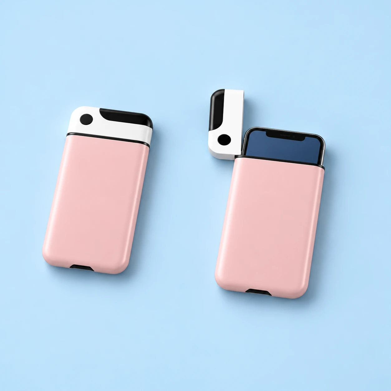 Pink Pivoting Short-Cap Phone Storage Sleeve; product and illustrative use on pale blue. Phone and scene props excluded., square composition