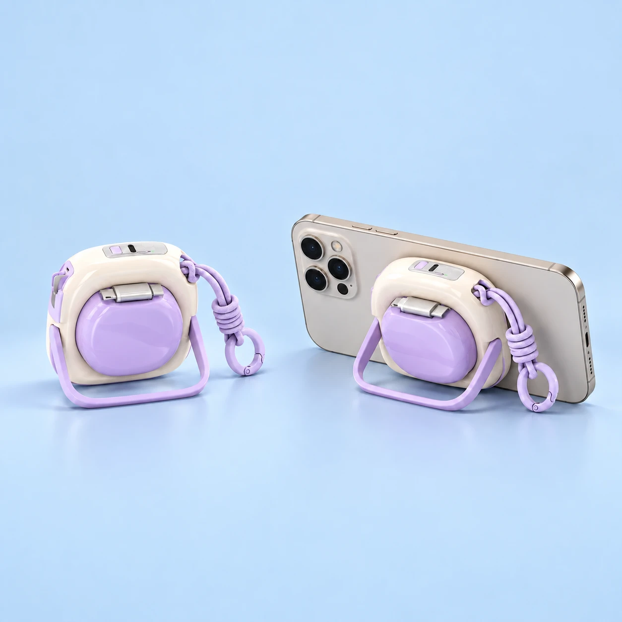 Crystal-Purple T29 Perimeter-Frame Powerbank Stand; product and illustrative use on pale blue. Phone and scene props excluded., square composition