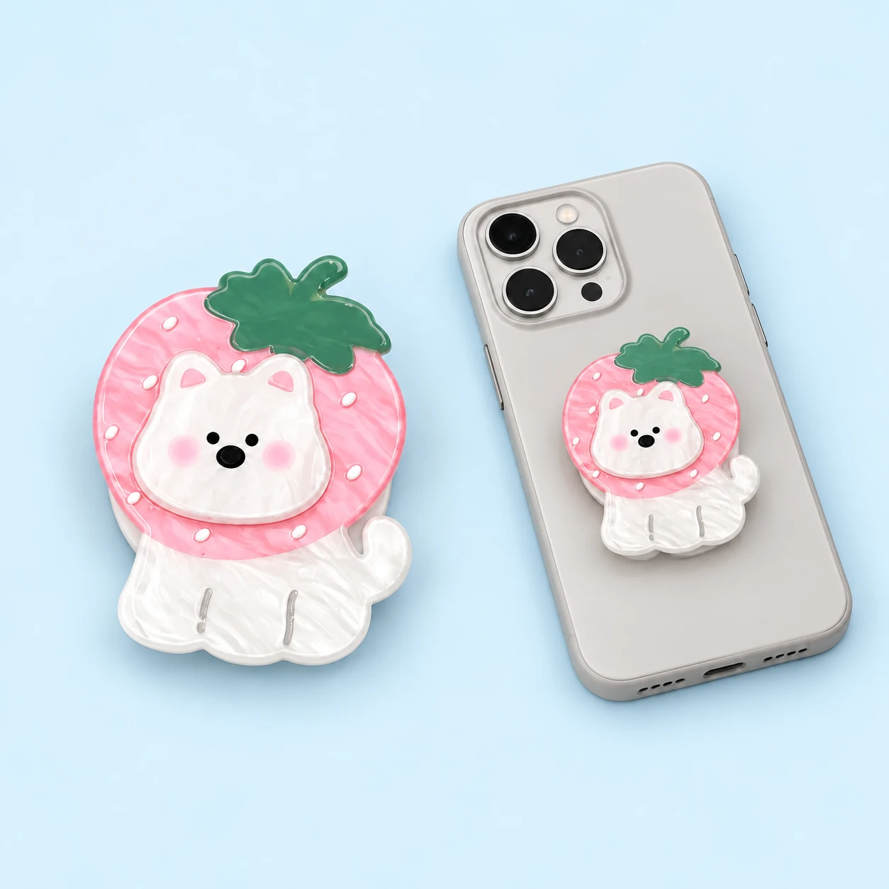 Pink strawberry-hood puppy phone grip and closed phone-case mounting illustration, square composition