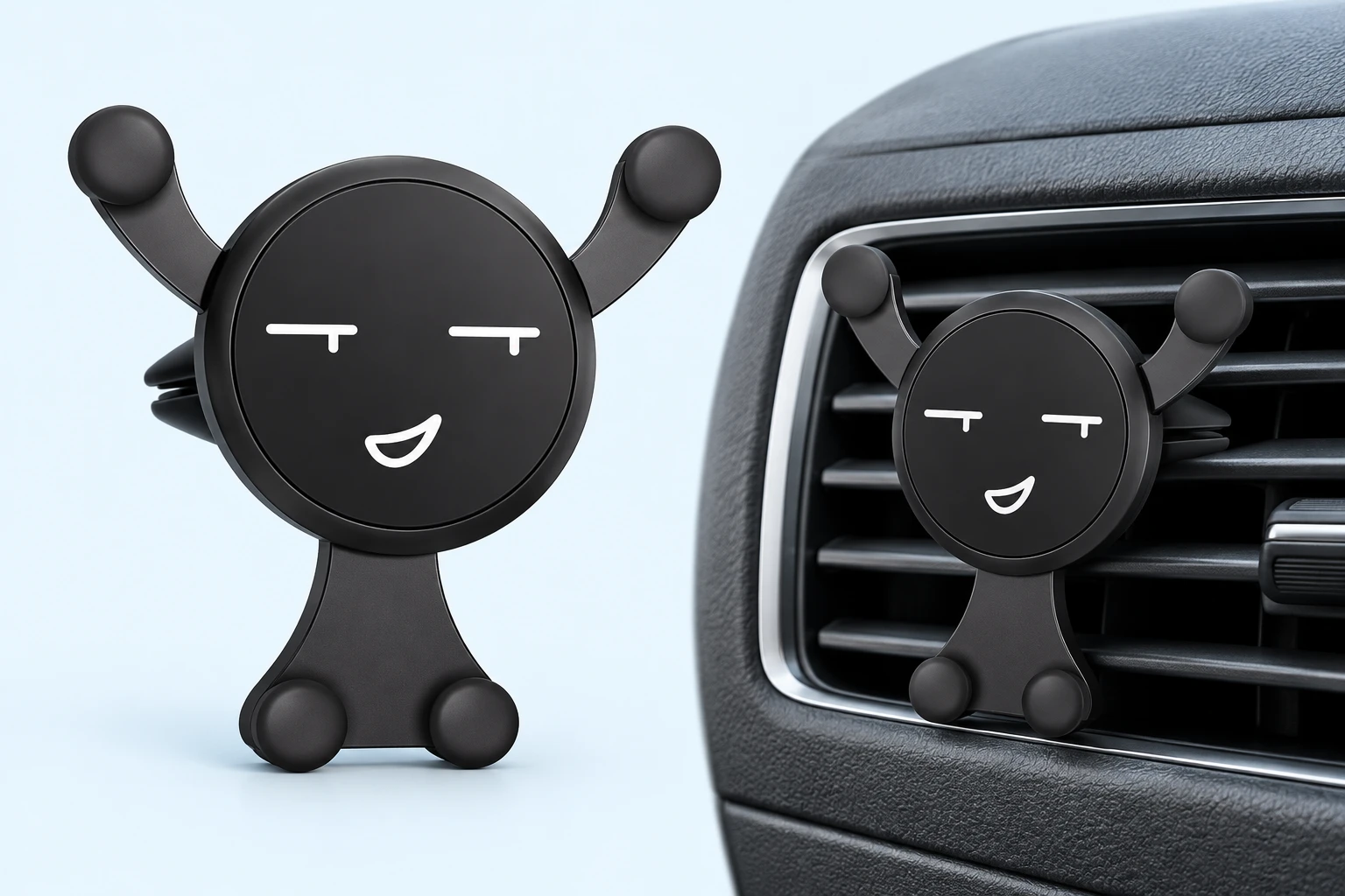 Black smiling figure car vent phone holder with raised curved arms, round pads and rear clip
