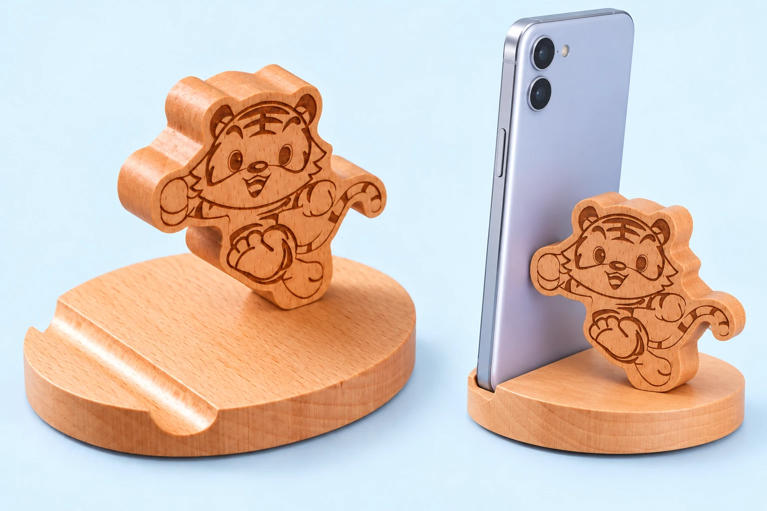 Running tiger wooden phone stand with oval grooved base, complete and supporting a portrait phone
