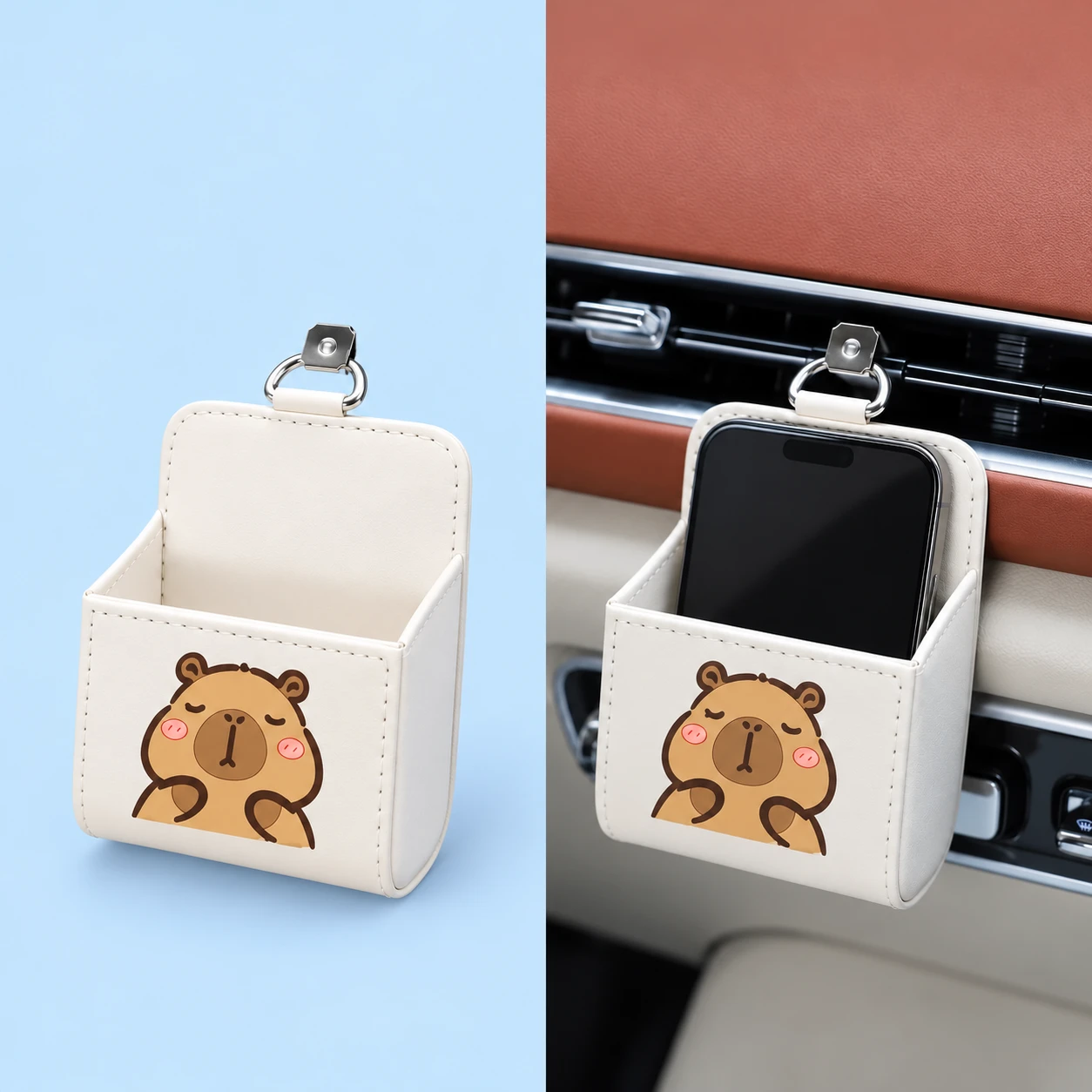 Cream Capybara Car Vent Phone Pocket; product and illustrative use on pale blue. Phone and scene props excluded., square composition