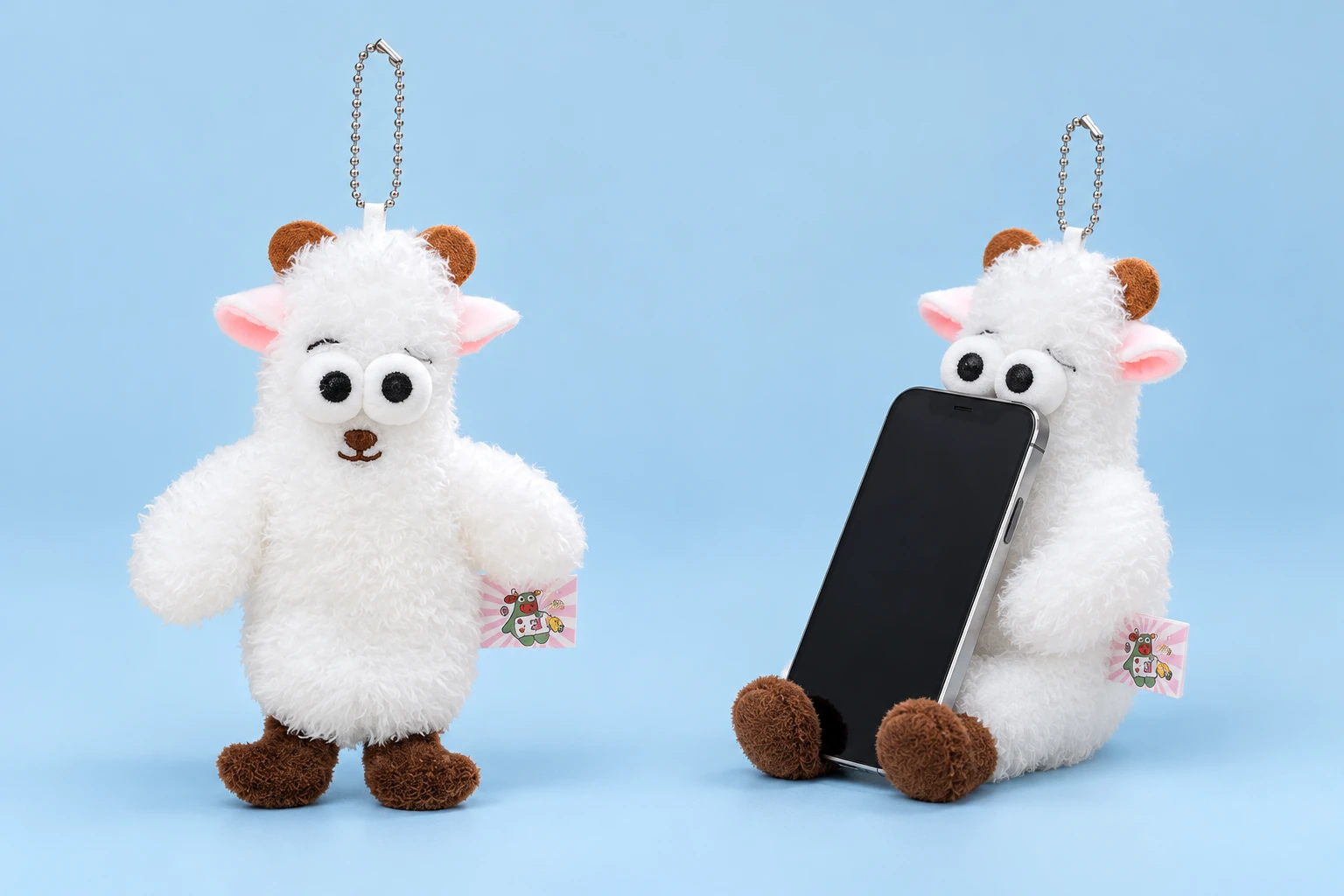 White horned sheep plush phone rest, shown complete and seated with a phone resting against its torso