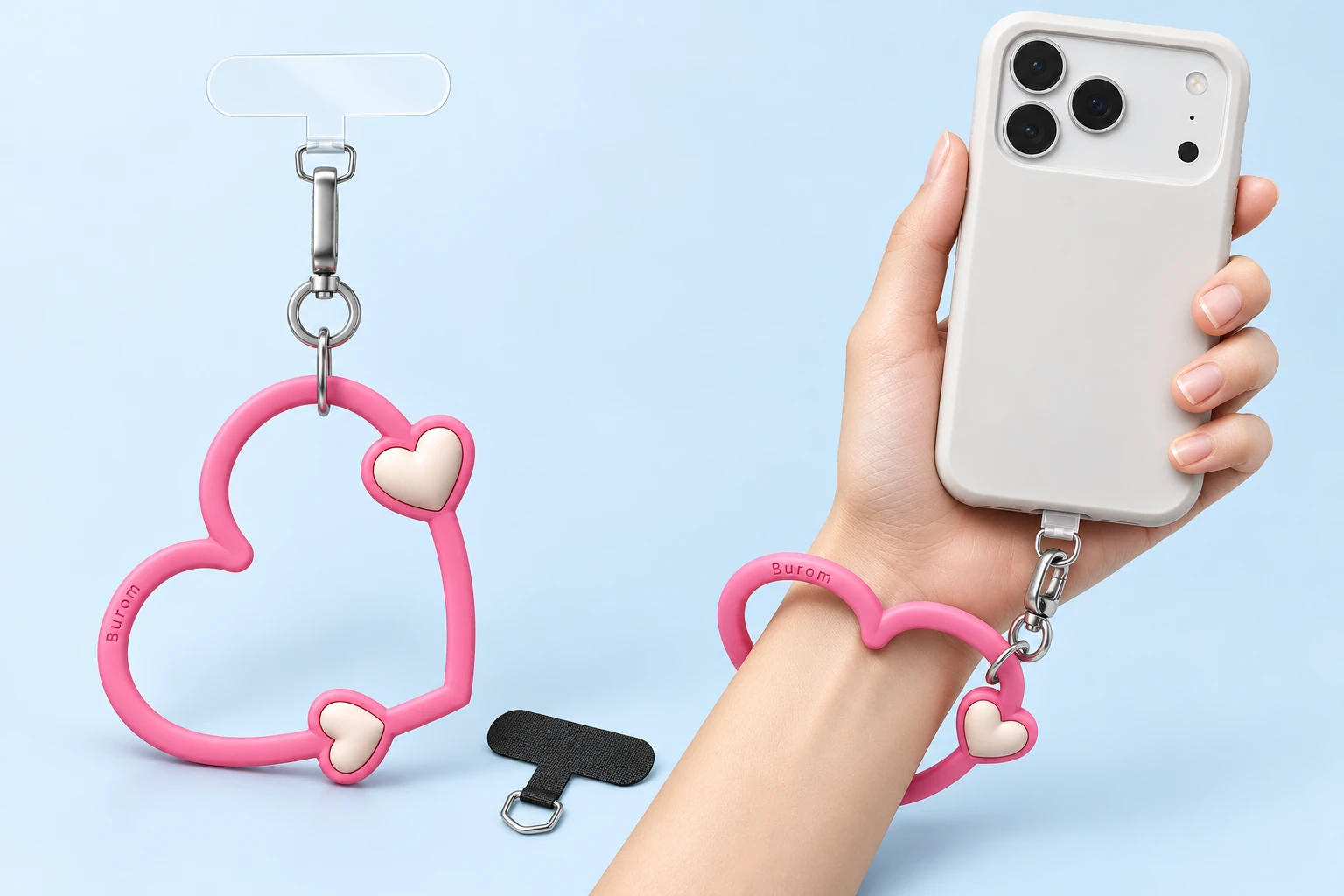 Bright pink heart-loop wrist phone lanyard shown complete with two tabs and in wrist-and-phone use