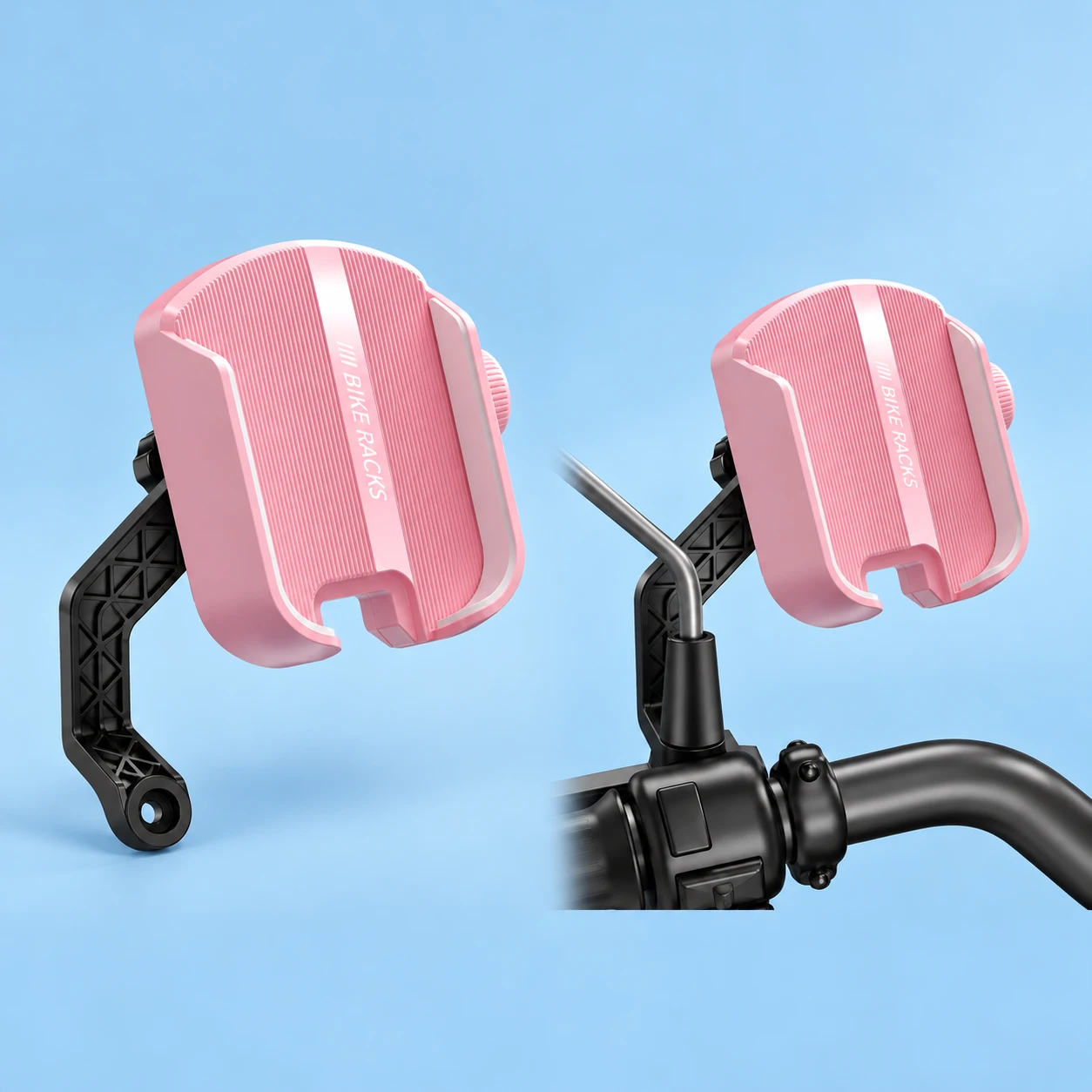 Pastel pink split-cradle phone holder with black mirror-base arm shown complete and installed empty, square composition