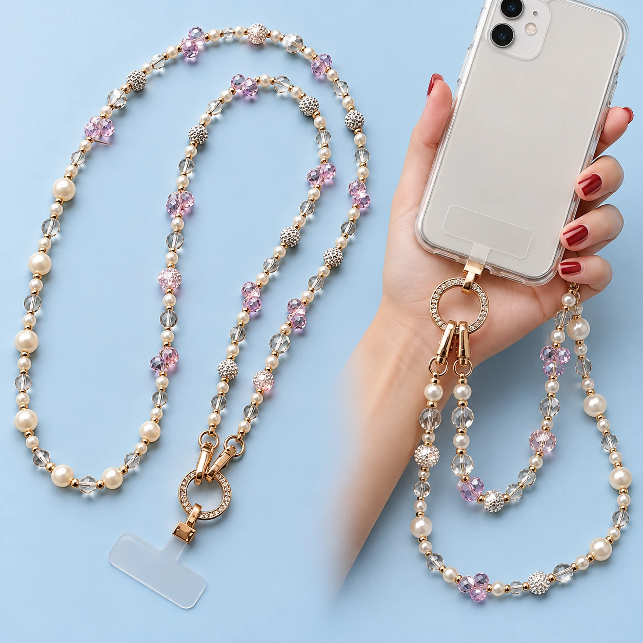 Pink Faceted-Bead Phone Crossbody Chain