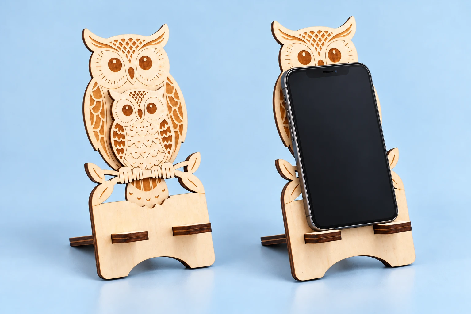 Parent-and-Chick Owl Wooden Phone Stand