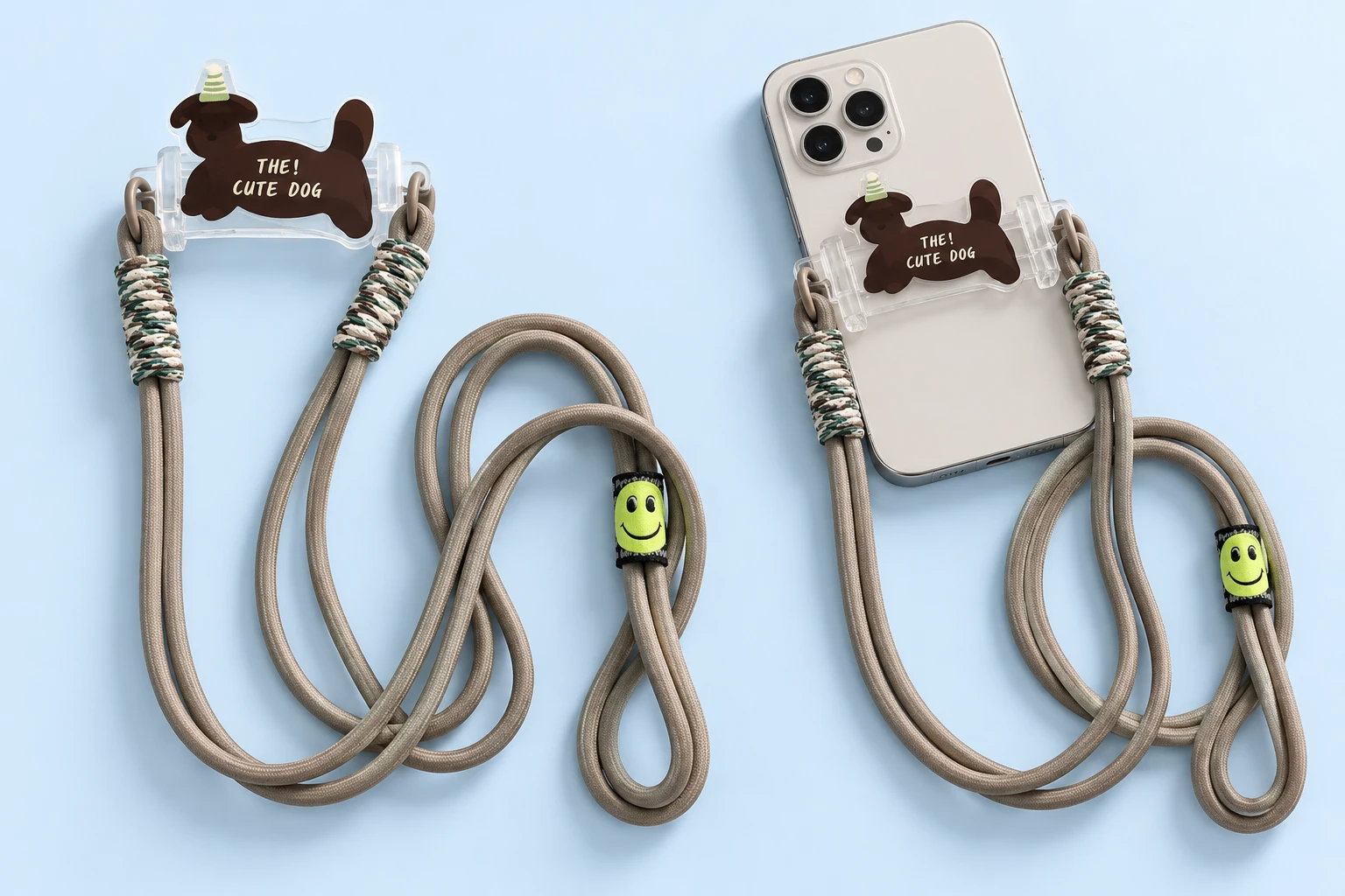 Brown hat-dog decorated phone clamp with taupe cord, shown complete and attached to a phone case