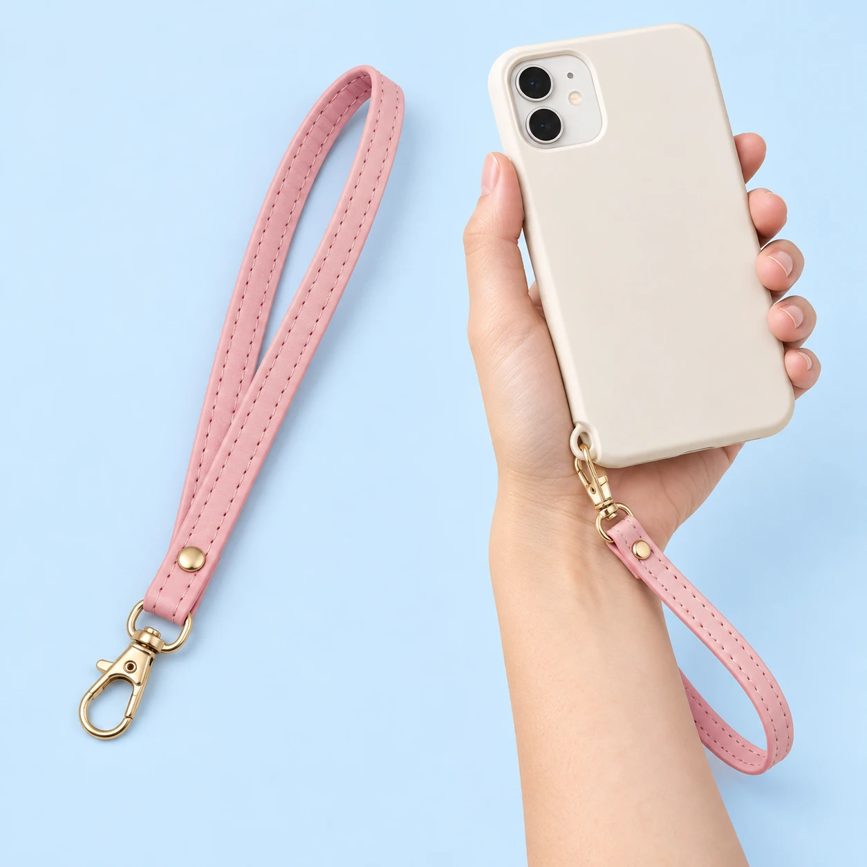 Pastel Pink Stitched PU Phone Wrist Strap