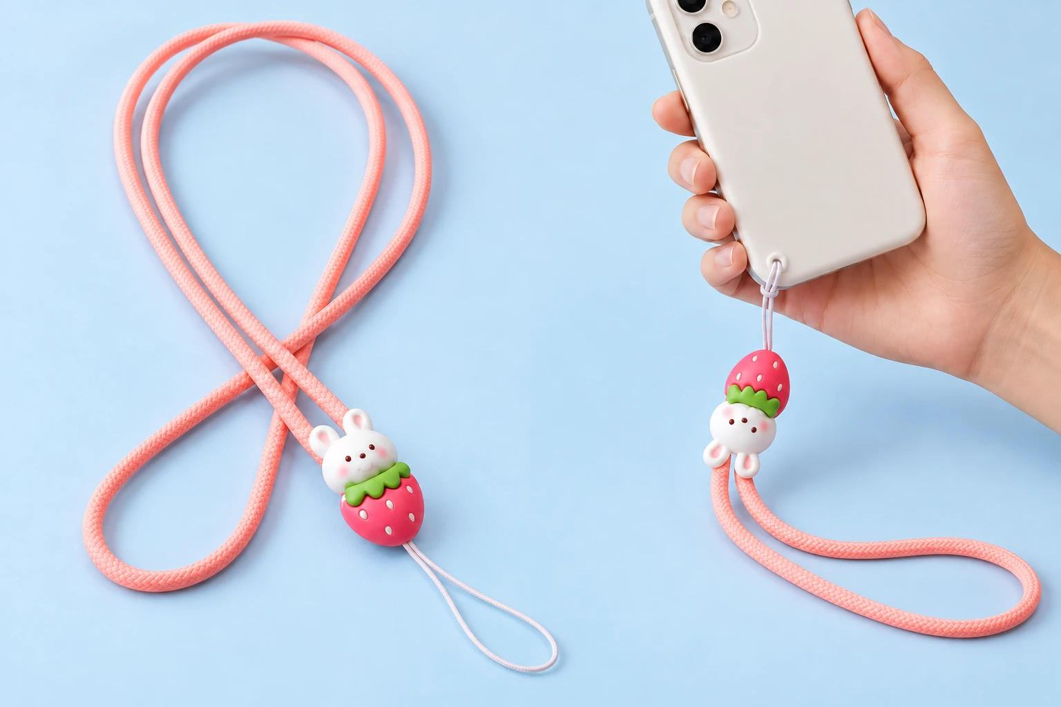 Pink strawberry bunny phone lanyard shown complete and connected by its thin string loop to a phone-case eyelet