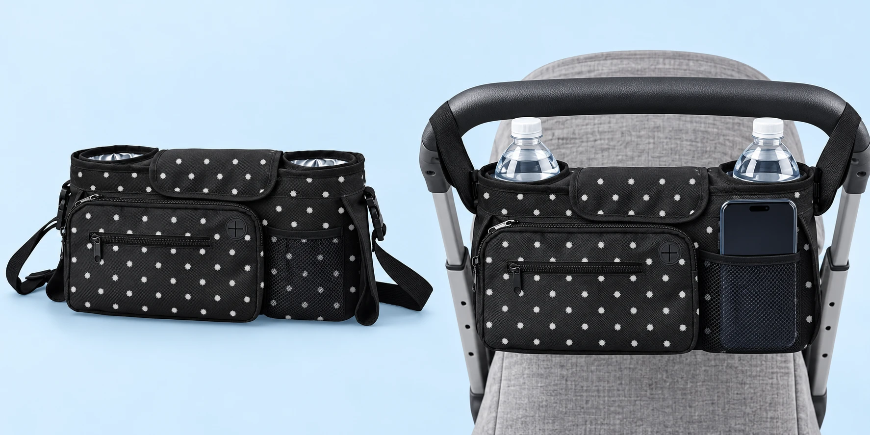Complete black dotted dual-well stroller organizer at left; the same organizer attached by its two original handle wraps at right, with a demonstration phone inside the front mesh sleeve and two bottles in the upper wells. Stroller, phone and bottles are not included.