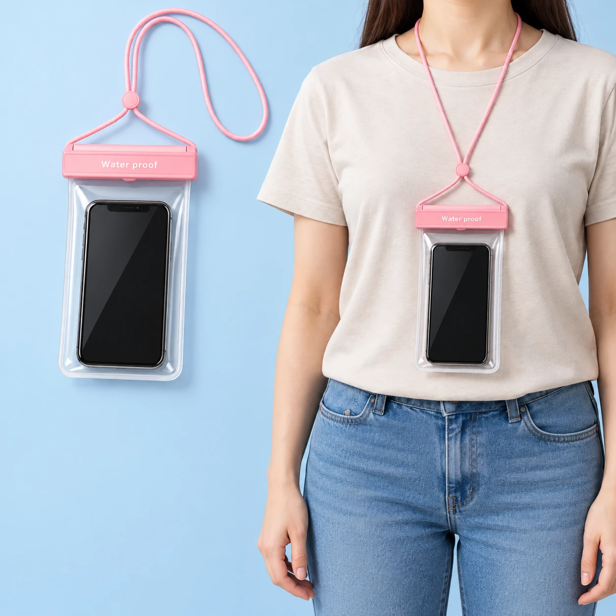 Pink Hinged-Bar Clear Phone Neck Pouch; product and illustrative use on pale blue. Phone and scene props excluded., square composition