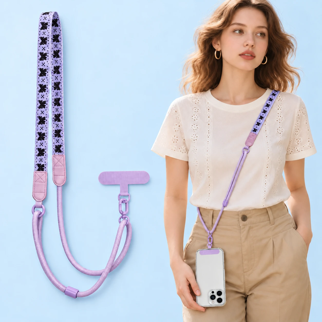 Lilac Floral Adjustable Crossbody Phone Lanyard with Matching Case Anchor