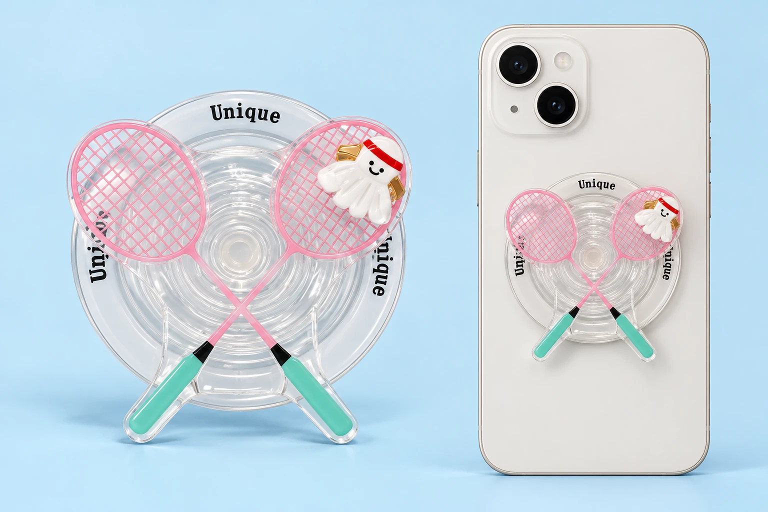 Pink crossed badminton racket magnetic phone grip, shown complete and flat-mounted on a phone